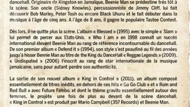 Beenie Man & Zagga Zow Band (Premières parties: J Boog, Soul Stereo alongside Spyda team)