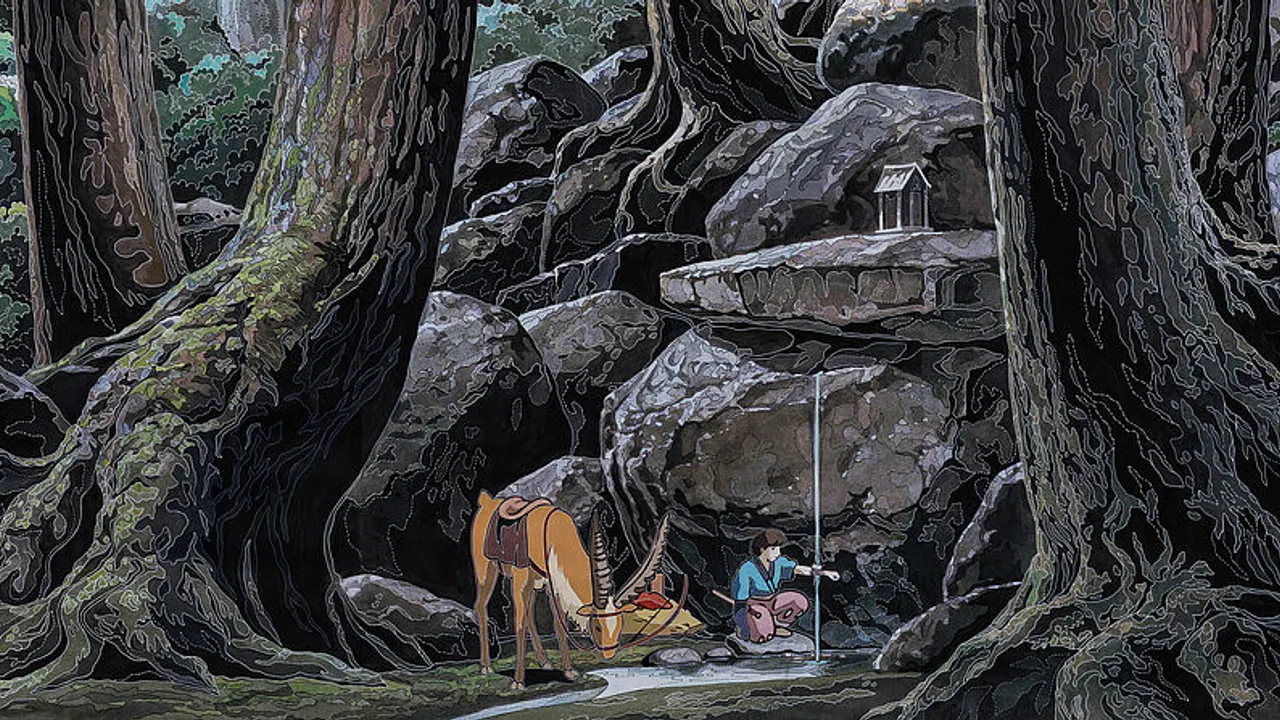 Tapisserie d’Aubusson : Ashitaka soulage sa blessure démoniaque - D’après le film d'Hayao Miyazaki…